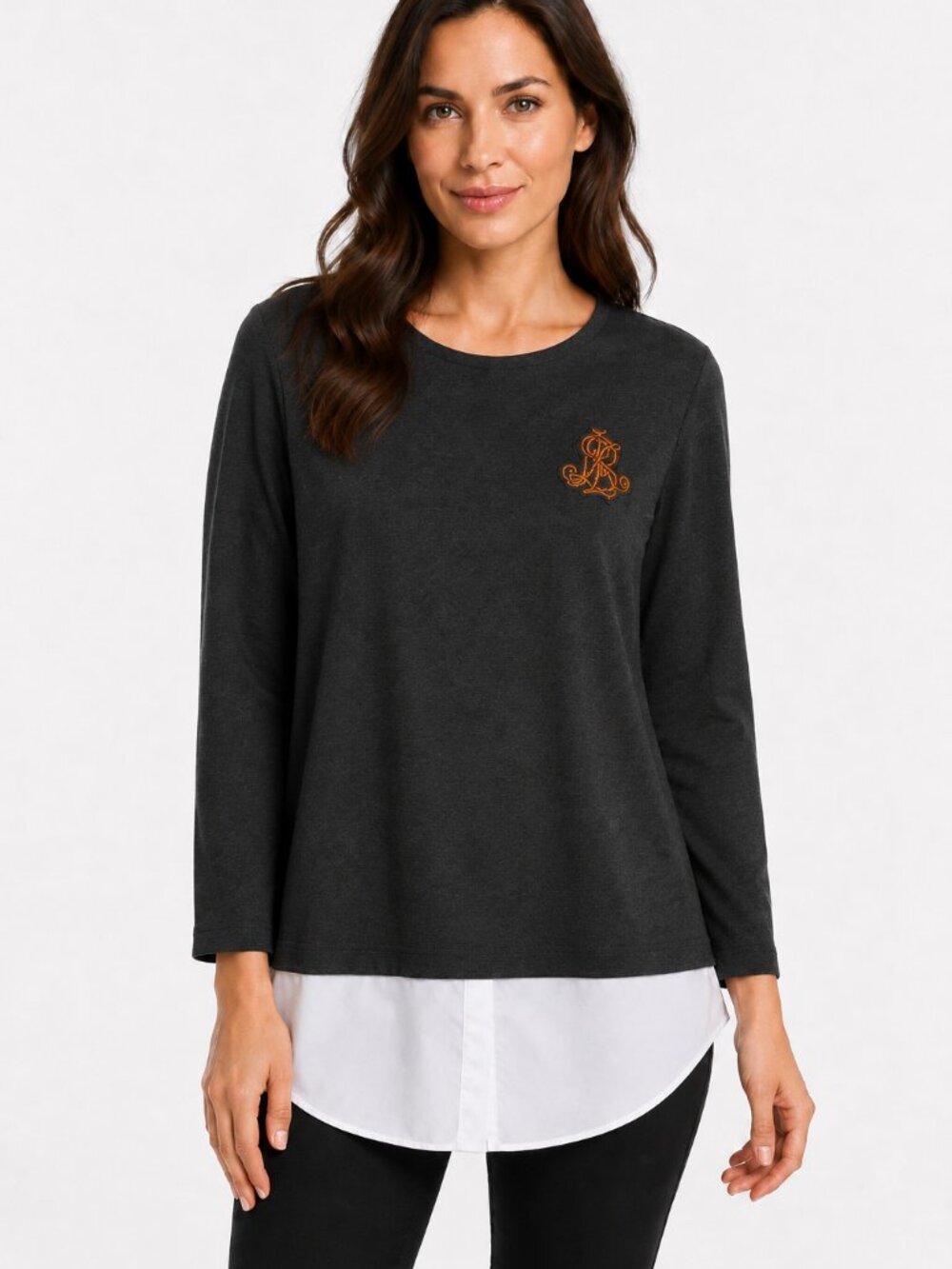 Lauren Ralph Lauren Layered Top Grey White Shirt Hem Crest Logo L